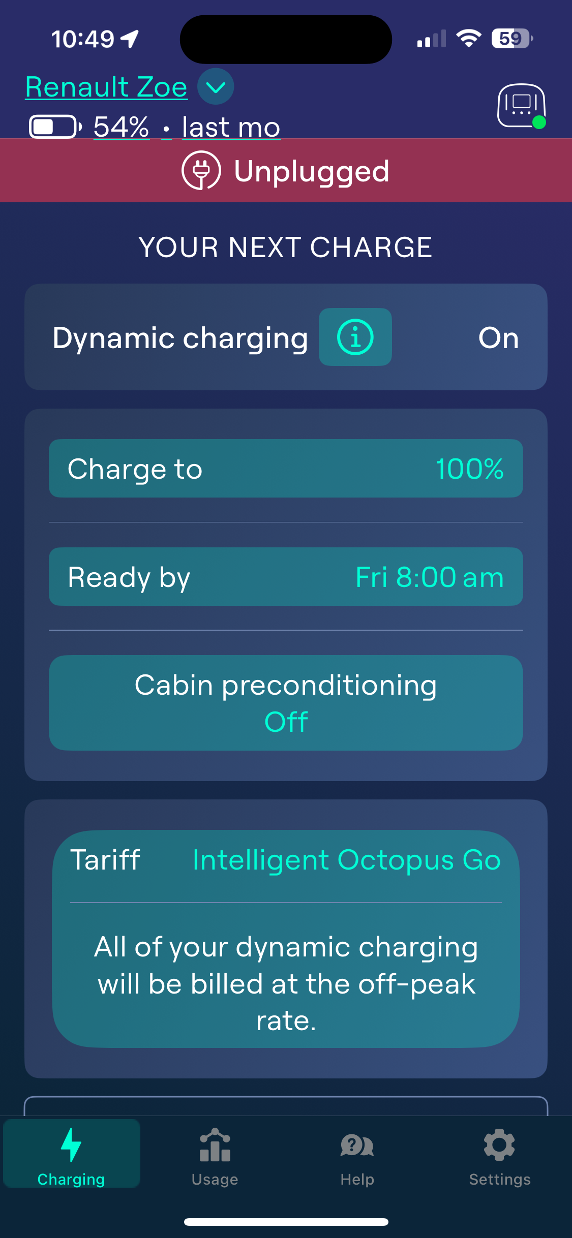Example of the Ohme app page